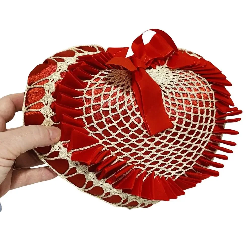 Vintage Heart Shaped Toss Pillow Red Satin Ribbons & White Crochet Caged Romance